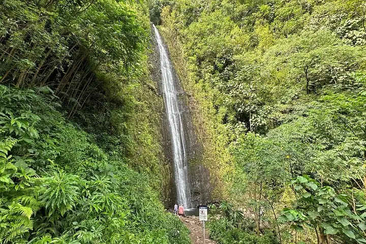 Cascade haute et fine dévalant une falaise verdoyante, avec des personnes à sa base